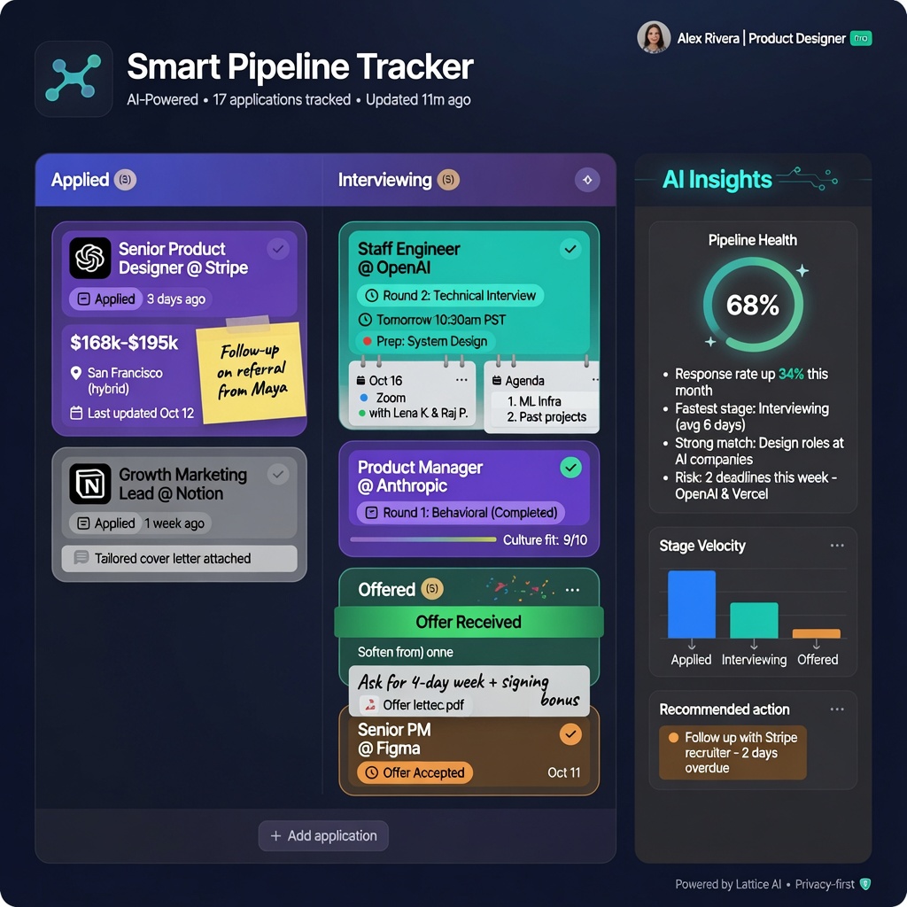 Smart pipeline tracker — every application from Applied to Offer in one visual board